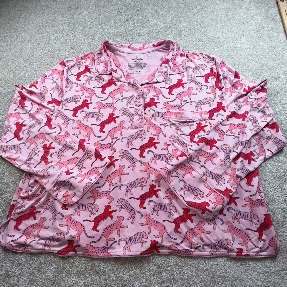 Tommy John Womens 2XL‎ Pink Tiger Leopard Print Long Sleeve Lounge Pajama Top